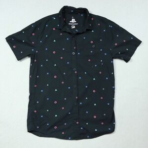 Sony PlayStation Symbol Men's Medium Black Gamer Graphic Print Button Up Shirt